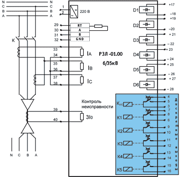 Схема подключения внешних цепей с двумя ТТ к устройству "РЗЛ-01.00"