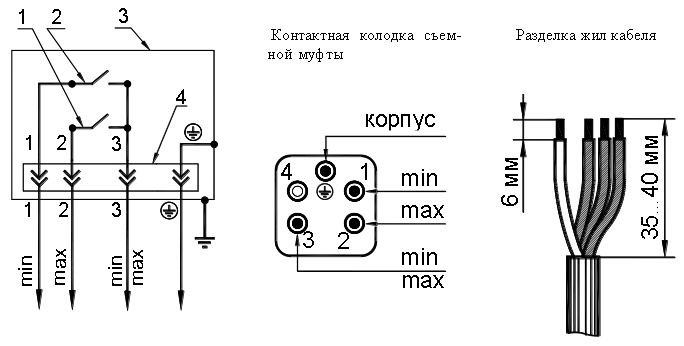 Электрическая схема и присоединение жил кабеля указателей уровня масла МС-1, МС-2