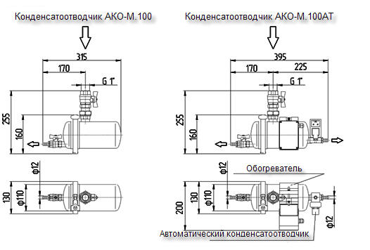 Размеры конденсатоотводчиков АКО-М 100