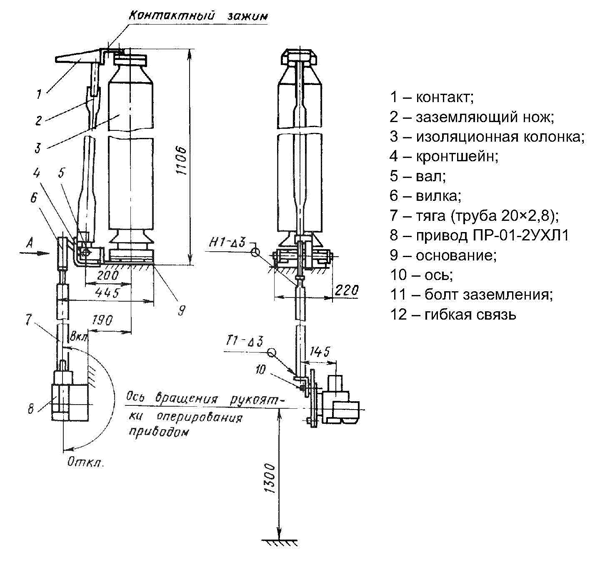 Конструкция и размеры заземлителей ЗОН-110Б-II, ЗОН-110М-II
